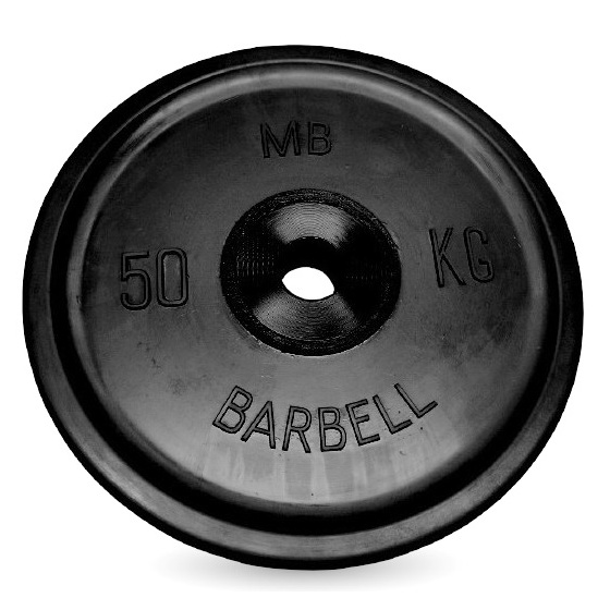 Диск олимпийский обрезиненный черный MB Barbell MB-PltBE-50 весом 50 килограммов Диск олимпийский обрезиненный черный MB Barbell MB-PltBE-50 весом 50 килограммов