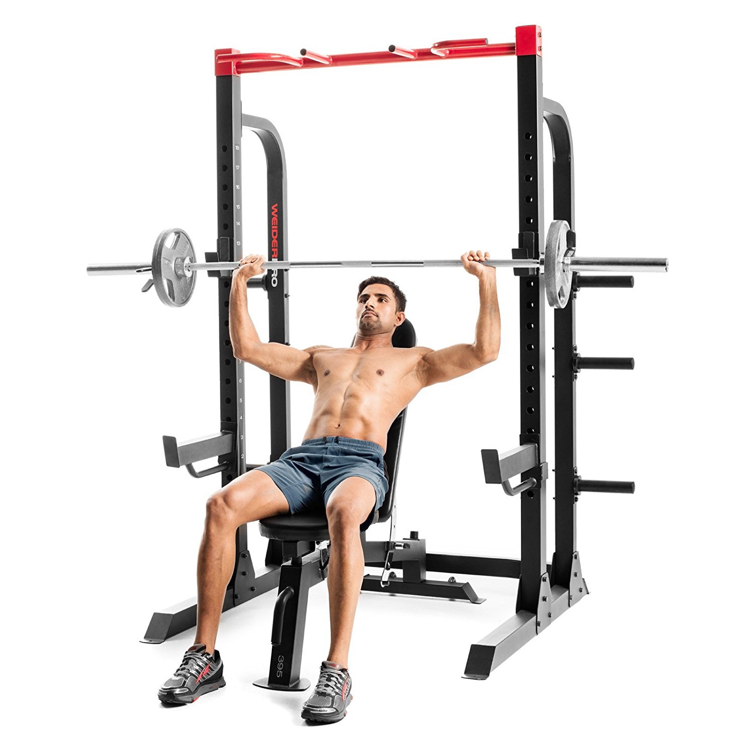 Упражнения со штангой с использованием скамьи и стойки для приседаний Weider Pro 7500 (штанга и скамья приобретаются отдельно) Упражнения со штангой с использованием скамьи и стойки для приседаний Weider Pro 7500 (штанга и скамья приобретаются отдельно)