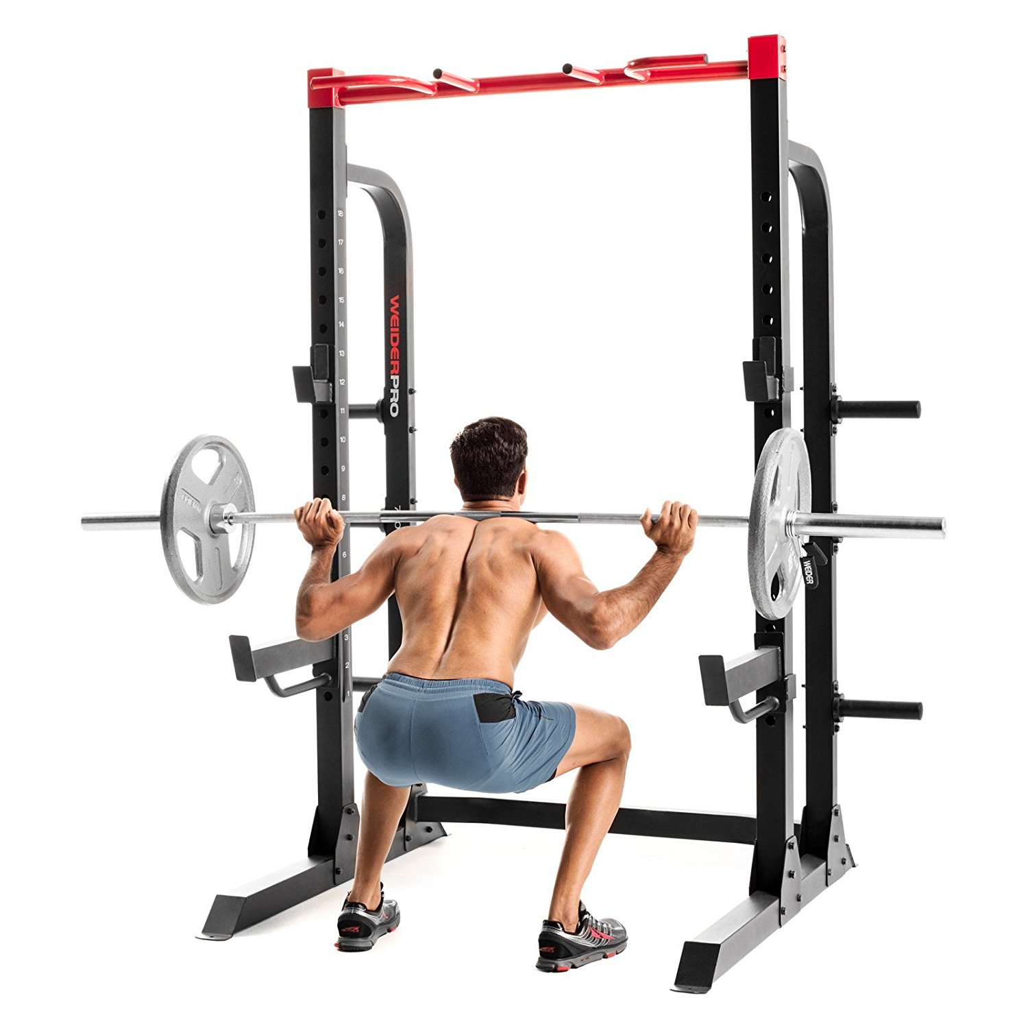 Упражнения со штангой с использованием стойки для приседаний Weider Pro 7500 (штанга приобретается отдельно) Упражнения со штангой с использованием стойки для приседаний Weider Pro 7500 (штанга приобретается отдельно)