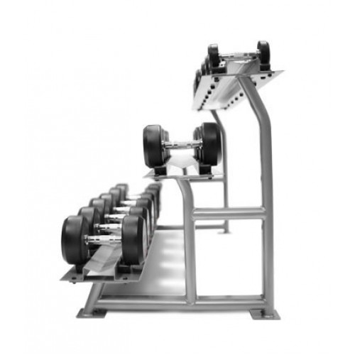 Вид с боку стойки гантельной 3-х ярусной Fitnessport DR-05 c гантельным рядом Вид с боку стойки гантельной 3-х ярусной Fitnessport DR-05 c гантельным рядом