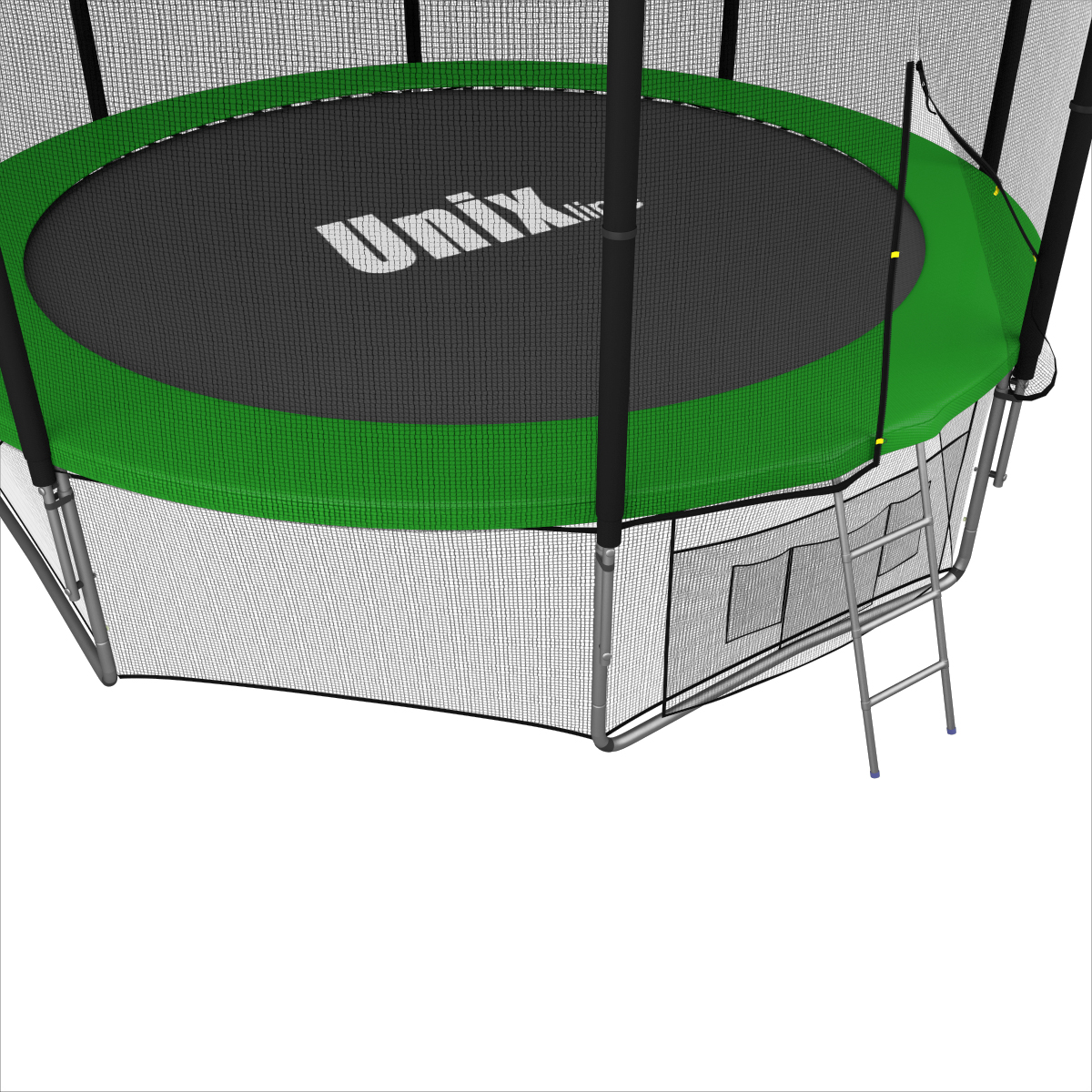 Батут UNIX 12ft Outside Green диаметром 3,66 метра с защитной сетью, лестницей и крышей Батут UNIX 12ft Outside Green диаметром 3,66 метра с защитной сетью, лестницей и крышей