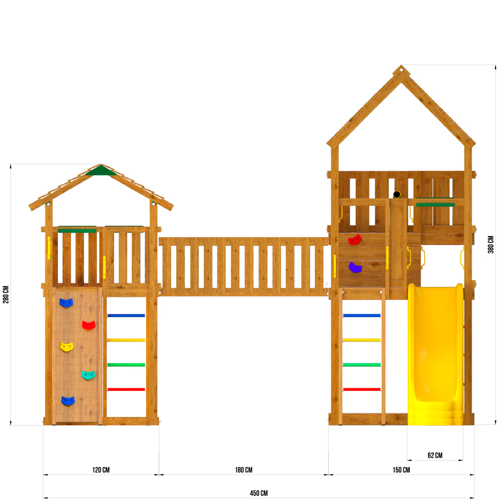 Размеры детского городка Jungle Gym Palace + Jungle Cottage (без горки) + Bridge Link (жесткий мост) + Rock Размеры детского городка Jungle Gym Palace + Jungle Cottage (без горки) + Bridge Link (жесткий мост) + Rock