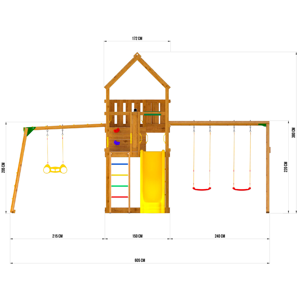 Размеры детского городка Jungle Gym Palace + Swing Xtra c гнездом + Рукоход с качелей Размеры детского городка Jungle Gym Palace + Swing Xtra c гнездом + Рукоход с качелей