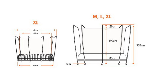 Размеры батута на рессорах Vuly Thunder XL диаметром 14ft (4,24 м) с защитной сетью Размеры батута на рессорах Vuly Thunder XL диаметром 14ft (4,24 м) с защитной сетью