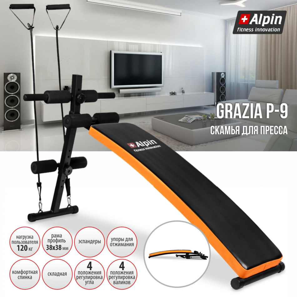 Скамья для пресса изогнутая Alpin Grazia P-9 с эспандерами и упорами для отжимания Скамья для пресса изогнутая Alpin Grazia P-9 с эспандерами и упорами для отжимания