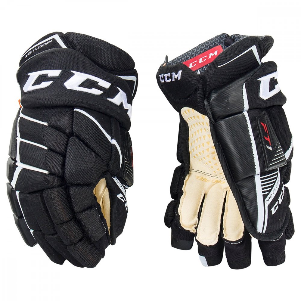 Перчатки хоккейные CCM JetSpeed FT1 SR чёрно-белого цвета Перчатки хоккейные CCM JetSpeed FT1 SR чёрно-белого цвета
