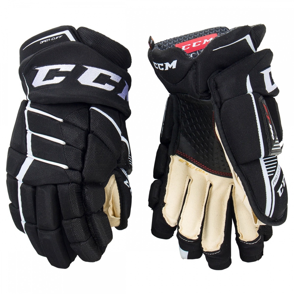 Перчатки хоккейные CCM JetSpeed FT390 SR чёрно-белого цвета Перчатки хоккейные CCM JetSpeed FT390 SR чёрно-белого цвета