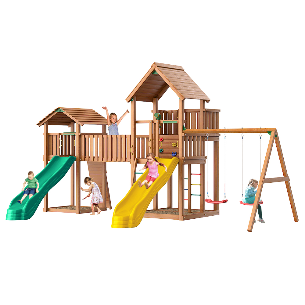 Детский городок Jungle Gym Palaсe + Jungle Cottage + жесткий мост + Swing + Rock Детский городок Jungle Gym Palaсe + Jungle Cottage + жесткий мост + Swing + Rock