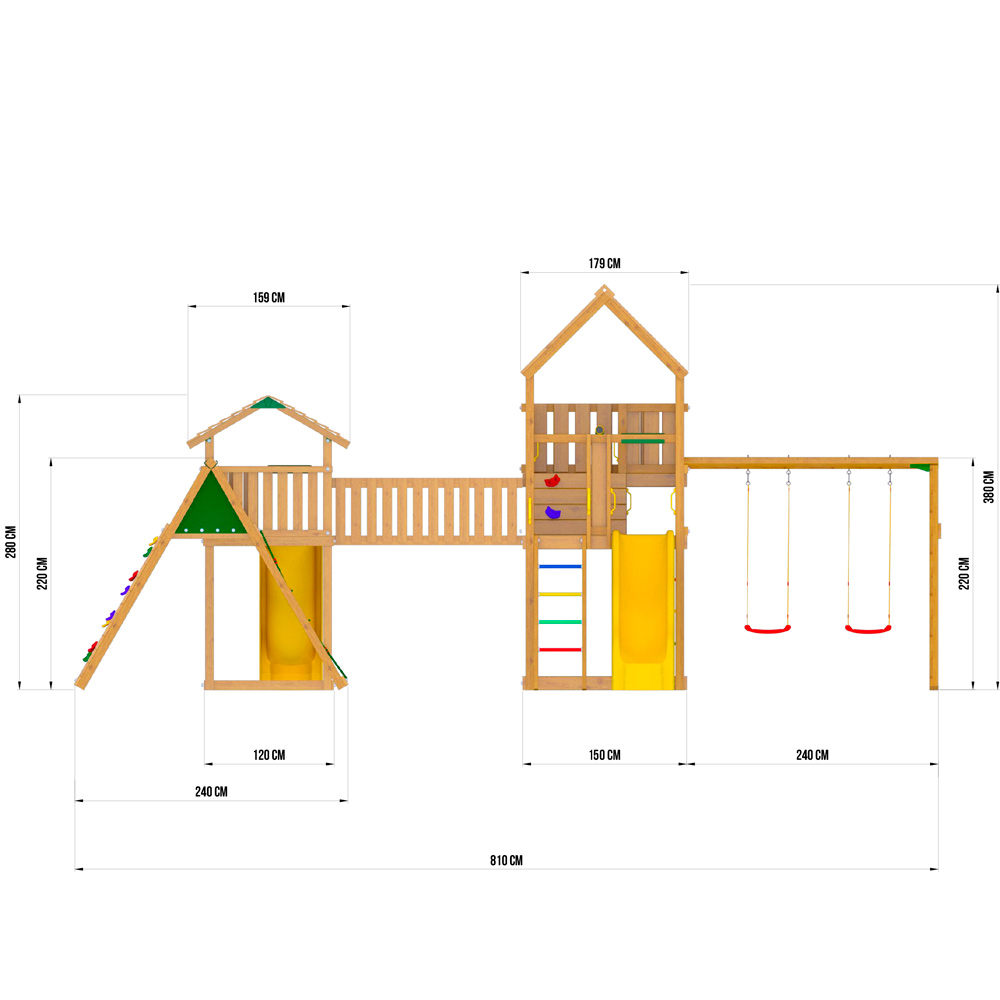 Размеры детского городка Jungle Gym Palaсe + Jungle Cottage + Bridge Link (жесткий мост) + Climb + Swing Размеры детского городка Jungle Gym Palaсe + Jungle Cottage + Bridge Link (жесткий мост) + Climb + Swing
